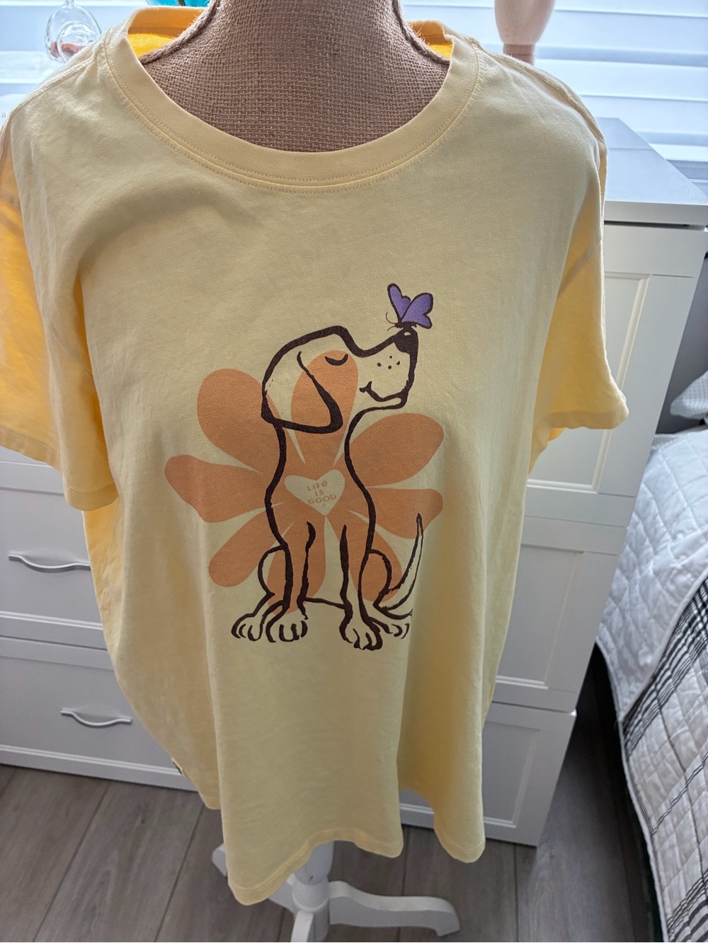 Life Is Good Yellow Dog Graphic Tee with Purple Butterfly